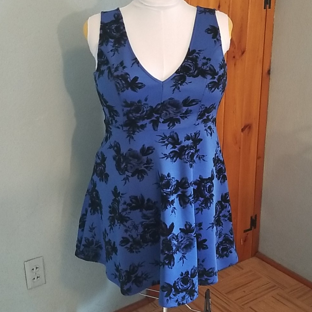 Blue and Black Floral Party Dress